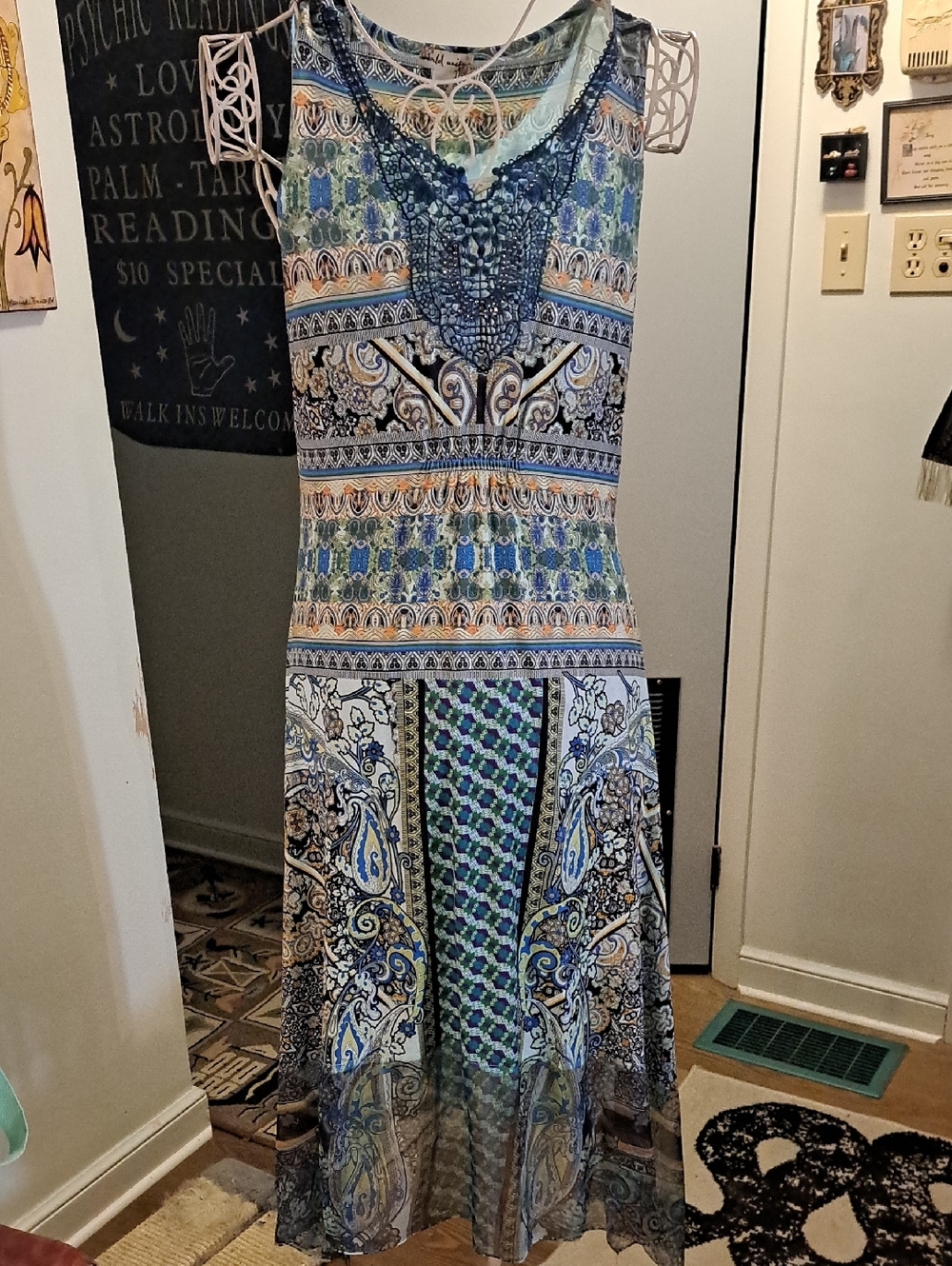 Y2k Sleeveless Blue Boho Embellished Mixed-Print Maxi Dress, Sz S